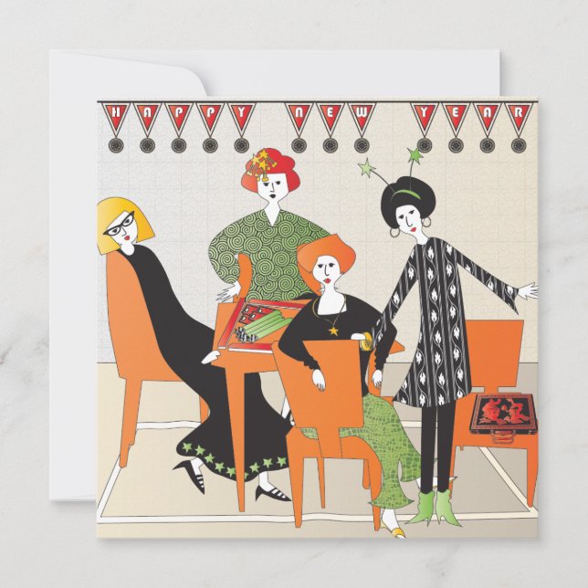 Tarjeta Festiva Año Nuevo de Mah Jongg (Anverso)