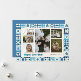 Tarjeta Festiva Año Nuevo de Parche Cuadrados Tonos de Azul