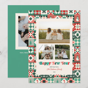 Tarjeta Festiva Año Nuevo de Parche Red y Verde Tres Fotos