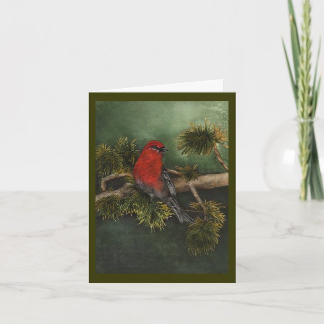 Tarjeta Festiva Año Nuevo de Pine Grosbeak (Anverso)