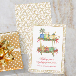 Tarjeta Festiva Año Nuevo del Watercolor Champagne Bar Cart