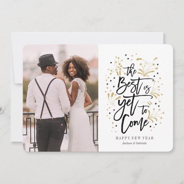 Tarjeta Festiva Año Nuevo | Dorado | fuegos artificiales y estrell (Anverso)