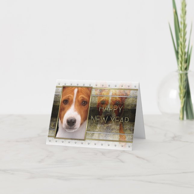 Tarjeta Festiva Año Nuevo - elegancia de oro - Basenji (Anverso)