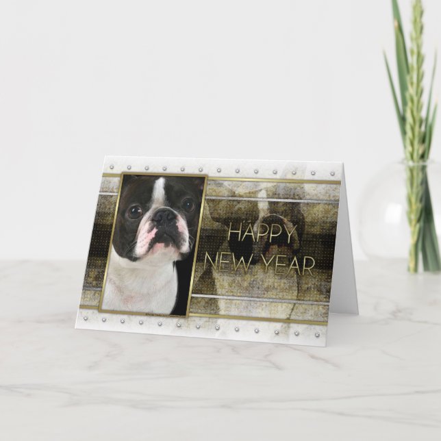 Tarjeta Festiva Año Nuevo - elegancia de oro - Boston Terrier (Anverso)