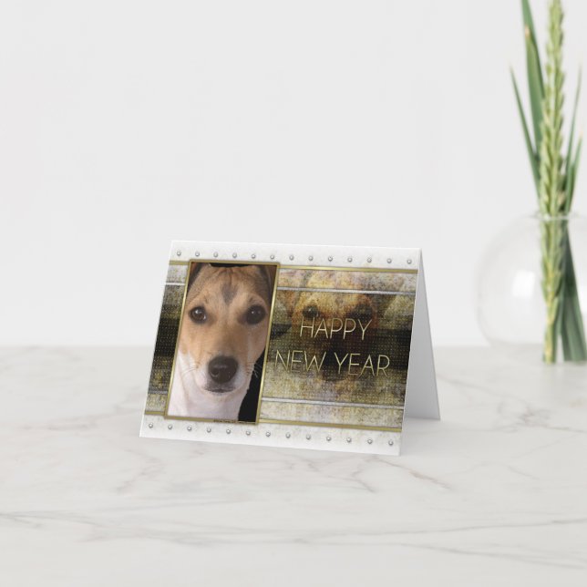 Tarjeta Festiva Año Nuevo - elegancia de oro - Jack Russell (Anverso)