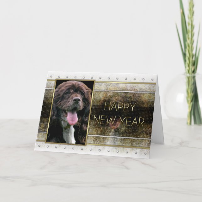 Tarjeta Festiva Año Nuevo - Elegancia dorada - Cocker Spaniel (Anverso)