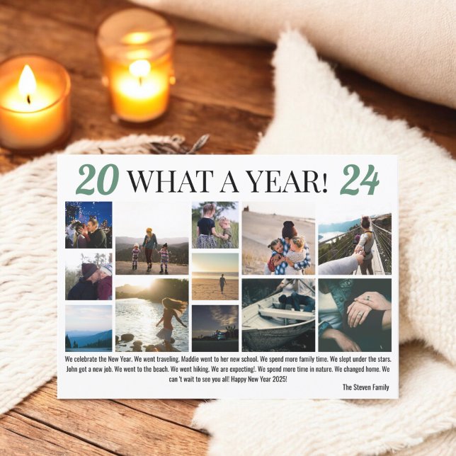 Tarjeta Festiva Año Nuevo en revisión 12 fotos de la cuadrícula ve (New Year in review 12 photos collage grid green Holiday Card)