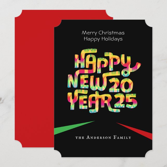 Tarjeta Festiva Año Nuevo Feliz 2025 Moderno Personalizado Colorid (Anverso / Reverso)