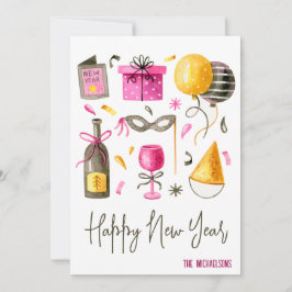 Tarjeta Festiva Año Nuevo Feliz Acuarela