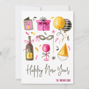 Tarjeta Festiva Año Nuevo Feliz Acuarela