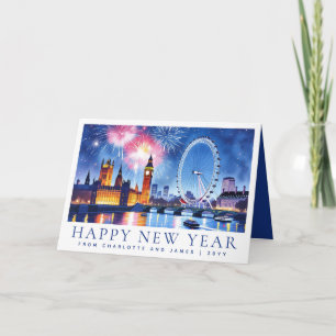 Tarjeta Festiva Año Nuevo Feliz Acuarela Personalizada Fuegos Arti