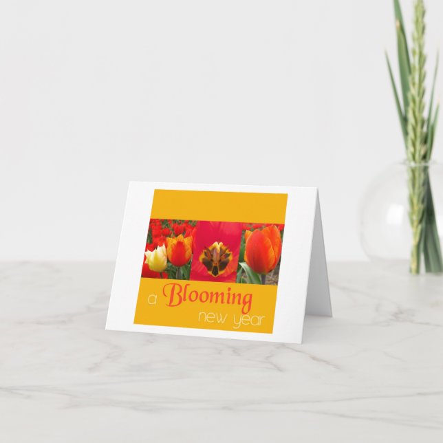 Tarjeta Festiva Año nuevo floreciente naranja (Anverso)