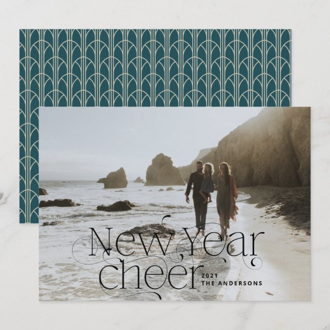Tarjeta Festiva Año Nuevo Fotografía elegante tipografía Art Deco  (Anverso / Reverso)