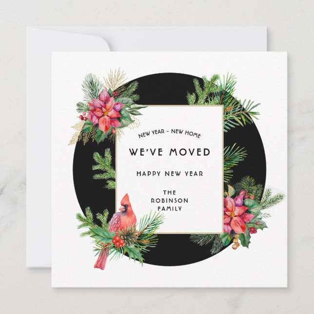Tarjeta Festiva Año Nuevo Hogar Cardenal Bird y Poinsettias (Anverso)
