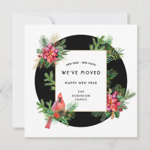 Tarjeta Festiva Año Nuevo Hogar Cardenal Bird y Poinsettias