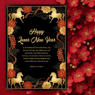 Tarjeta Festiva Año Nuevo Lunar Año del Caballo Negro y Dorado