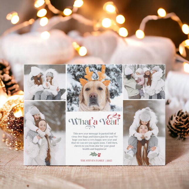 Tarjeta Festiva Año Nuevo moderno en revisión 5 cuadrícula de coll (Modern New Year in review 5 photo collage grid Holiday Card)