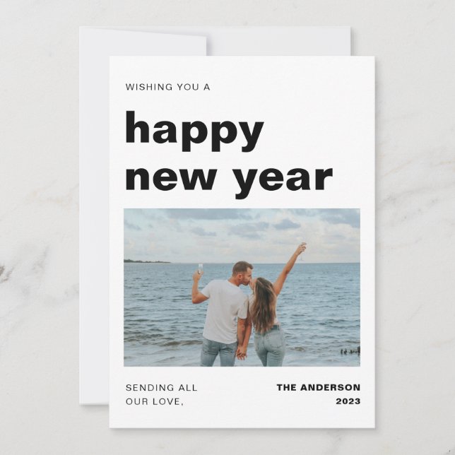 Tarjeta Festiva Año Nuevo moderno y mínimo con foto (Anverso)