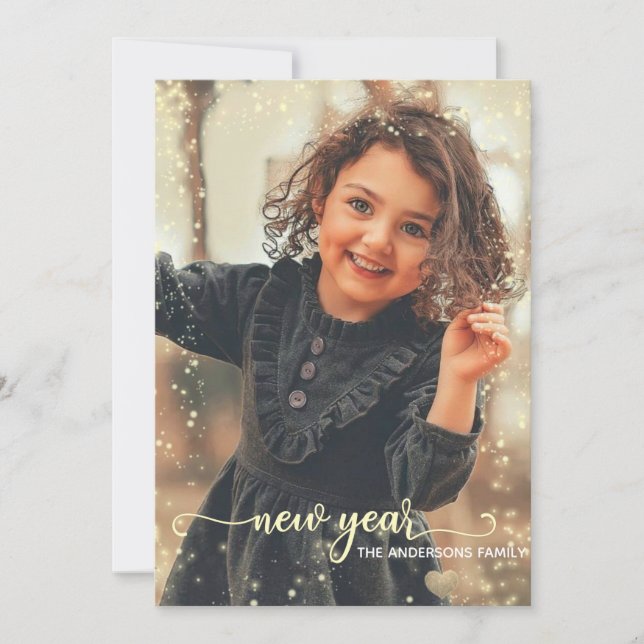 Tarjeta Festiva  Año Nuevo | Negro de oro| puntos Purpurinas | Tar (Anverso)