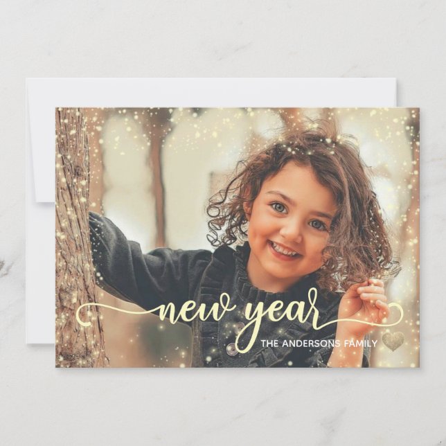 Tarjeta Festiva Año Nuevo | Negro de oro| Puntos purpurinas | Tarj (Anverso)