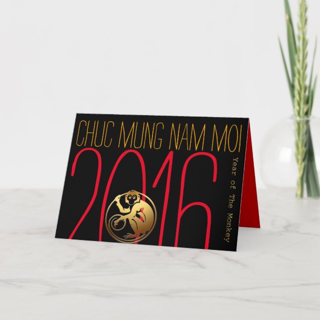 Tarjeta Festiva Año nuevo personalizado de mono vietnamita moderno (Anverso)