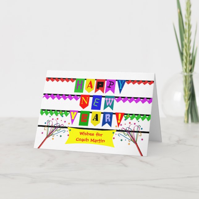 Tarjeta Festiva Año Nuevo personalizado para entrenador, banderas  (Anverso)