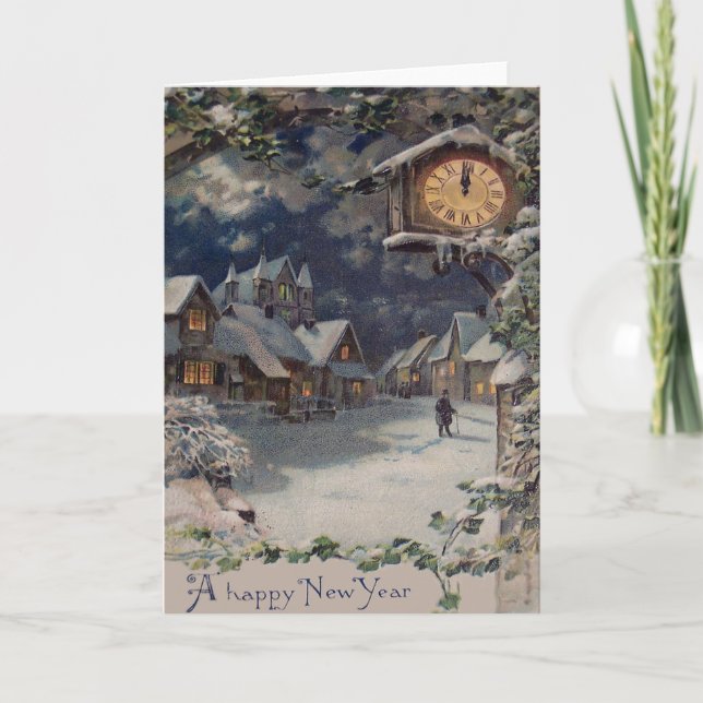 Tarjeta Festiva Año Nuevo Reloj de aldea de invierno (Anverso)