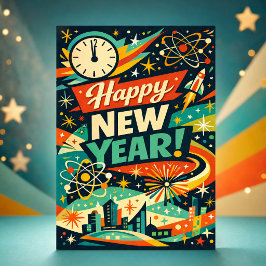Tarjeta Festiva Año Nuevo Retro Atómico Espacial