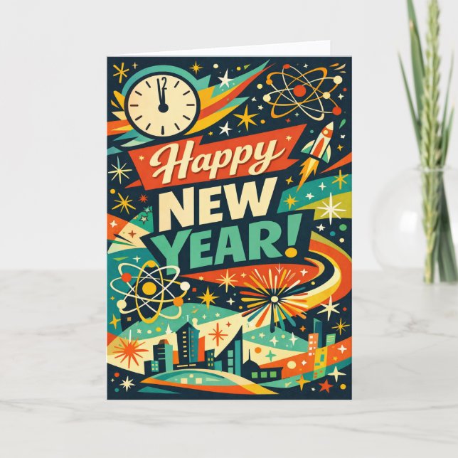 Tarjeta Festiva Año Nuevo Retro Atómico Espacial (Anverso)
