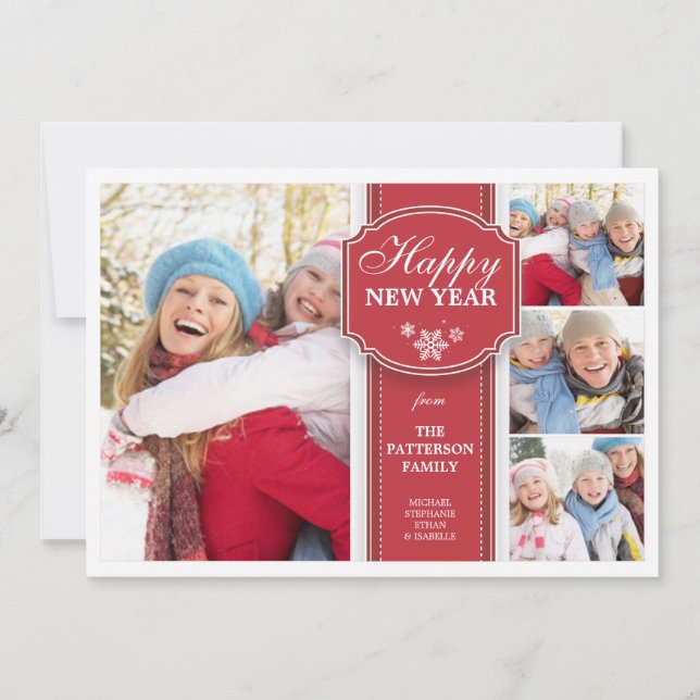 Tarjeta Festiva Año Nuevo rojo y del blanco elegante Photocard 4 (Anverso)