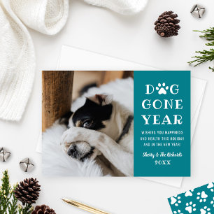 Tarjeta Festiva Año Perro Divertido Foto Mascota Verde Azul