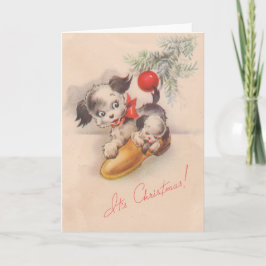 Tarjeta Festiva Años 1940 Viñar a sus Navidades Perros con Cachorr