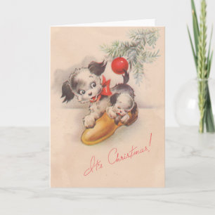Tarjeta Festiva Años 1940 Viñar a sus Navidades Perros con Cachorr