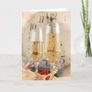 Tarjeta Festiva Años Nuevos de reloj y champán de la cuenta
