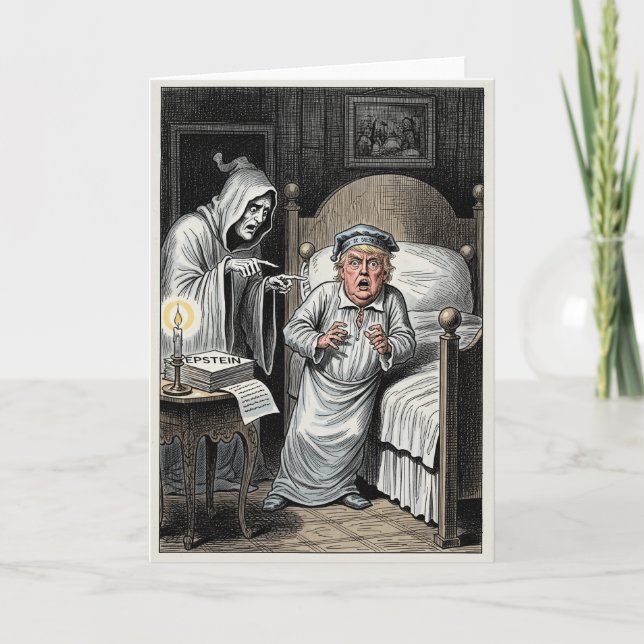 Tarjeta Festiva Anti Trump Christmas Carol, Scrooge Epstein Parody (Anverso)