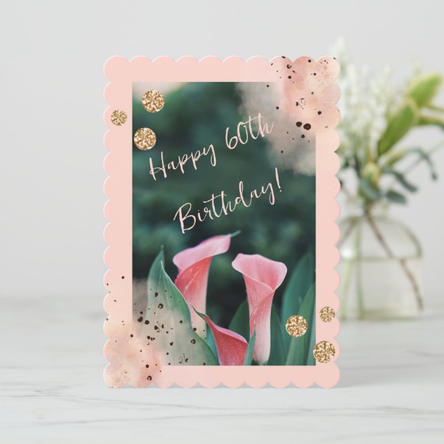 Tarjeta Festiva Antigua Floral rosa de moda 60 (Anverso de pie)