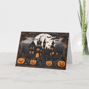 Tarjeta Festiva Antigua Mansión Embrujada y Calabazas de Halloween