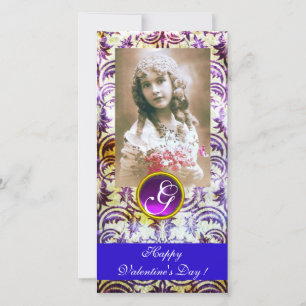 Tarjeta Festiva ANTIGUA PURPLE DAMASK Amethymonograma azul