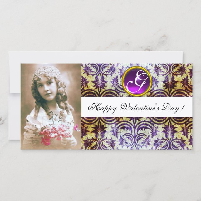 Tarjeta Festiva ANTIGUA PURPLE DAMASK AmethyMonograma blanco (Anverso)