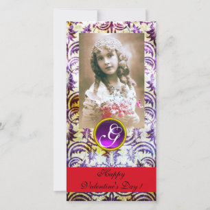 Tarjeta Festiva ANTIGUA PURPLE DAMASK AmethyMonograma rojo