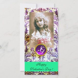 Tarjeta Festiva ANTIGUA PURPLE DAMASK AmethyMonograma verde
