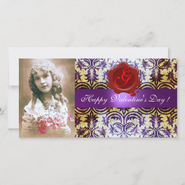 Tarjeta Festiva ANTIGUO PURPLE DAMASK RED WAX SEAL Monograma (Anverso)