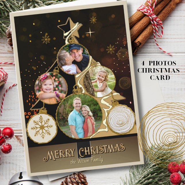Tarjeta Festiva Antiqued Brown-Black & Gold 4-Photo Christmas Tree (Antiqued Brown-Black & Gold 4-Photo Christmas Tree Holiday Card)