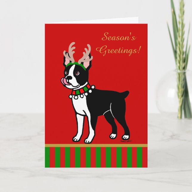 Tarjeta Festiva Antlers Navidades de Boston Terrier (Anverso)