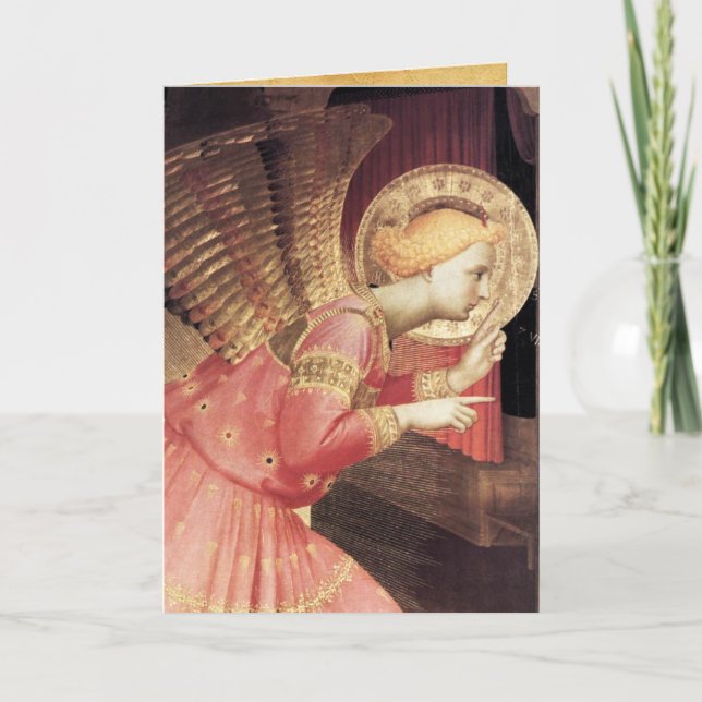 TARJETA FESTIVA ANUNCIACIÓN ANGEL EN ORO Y ROSA (Anverso)