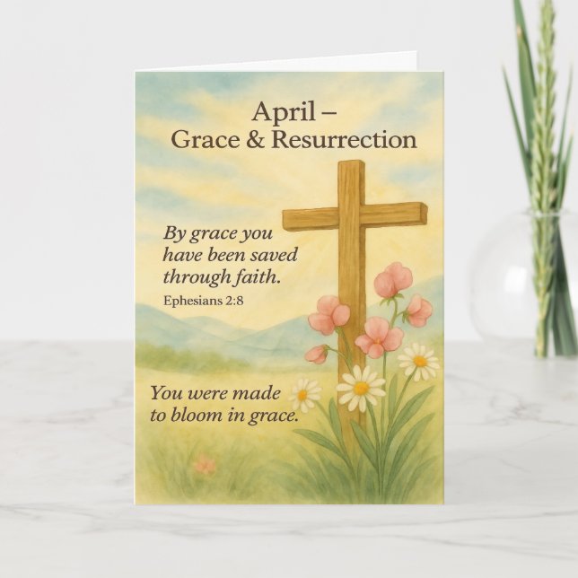 Tarjeta Festiva April Birthday Bible Verse Cross and Resurrection  (Anverso)