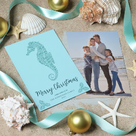 Tarjeta Festiva Aqua Blue Purpurina Seahorse Navidades costeros Fo