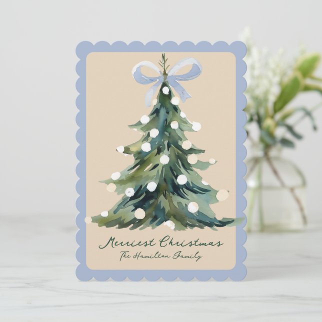 Tarjeta Festiva Aqua Coquette Ornate Rococo Bow Christmas tree (Anverso de pie)