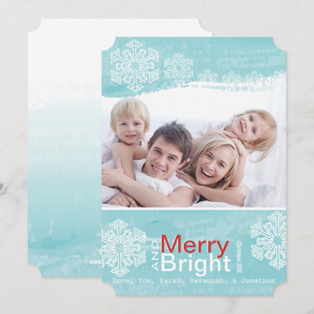 Tarjeta Festiva Aqua Red Snowflake Merry Bright Family Photo Card (Anverso / Reverso)