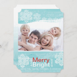 Tarjeta Festiva Aqua Red Snowflake Merry Bright Family Photo Card